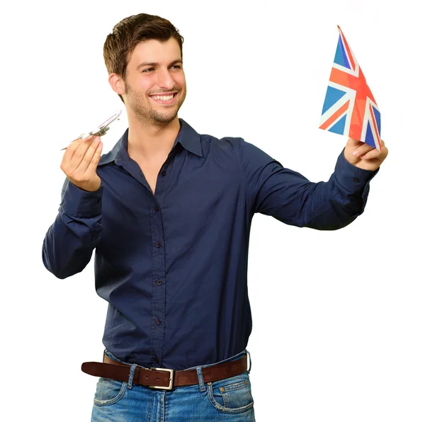 Young Man With British Flag And Aeroplane — Stock Photo, Image