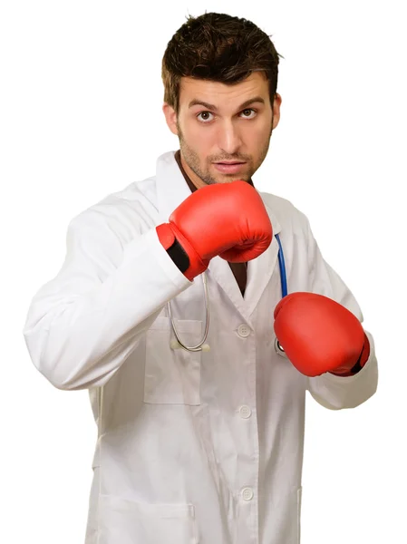 Jovem Doutor vestindo luvas de boxe — Fotografia de Stock