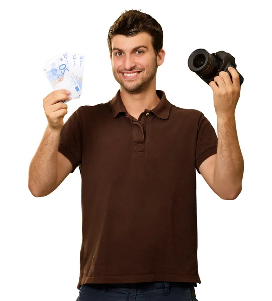 Young Man Holding Camera And Euro Currency — Stock Photo, Image