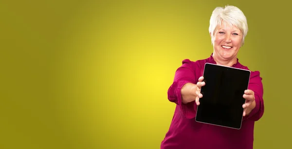 Porträtt av en äldre kvinna med en bärbar dator — Stockfoto