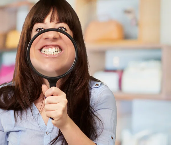 Woman Holding Magnifying Glass On Mouth — Stock Photo, Image