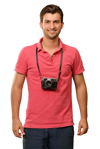 Portrait of a man wearing camera — Stock Photo, Image