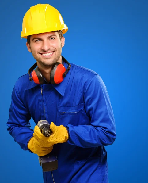 Ingeniero feliz con la máquina del taladro — Foto de Stock