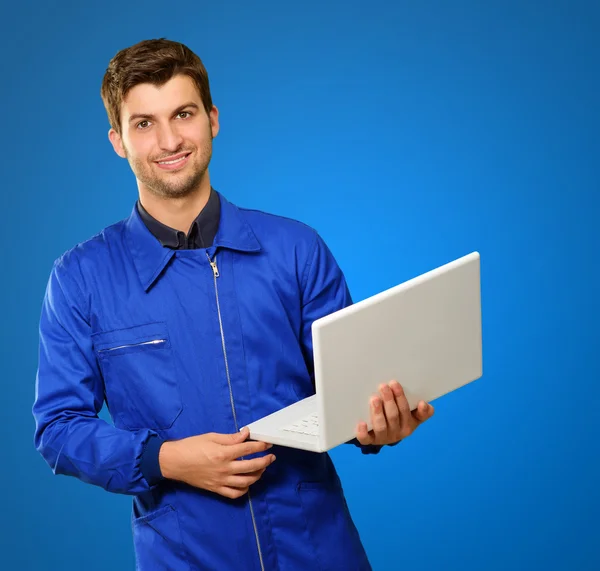 Happy Engineer Holding Laptop — Stock Photo, Image