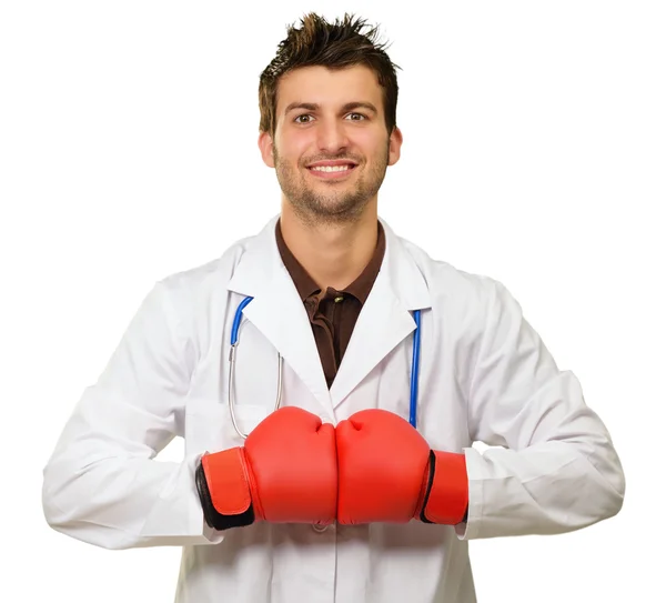 Joven doctor usando guantes de boxeo con las manos juntas —  Fotos de Stock