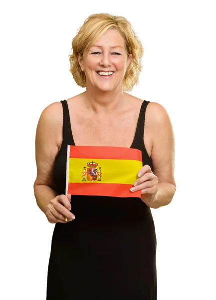 Mujer madura feliz sosteniendo la bandera de España — Foto de Stock