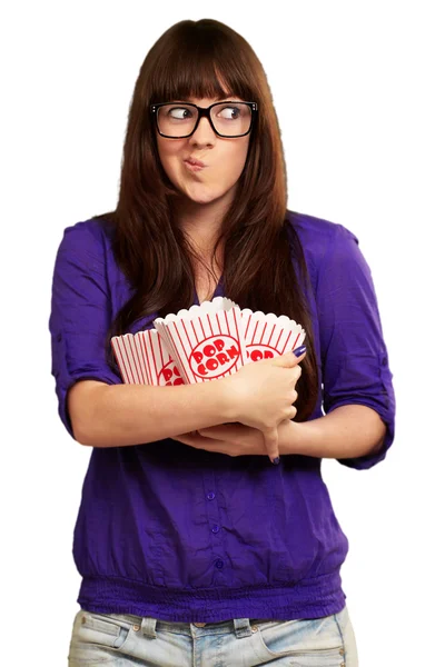 Girl Holding Empty Popcorn Packet — Stock Photo, Image