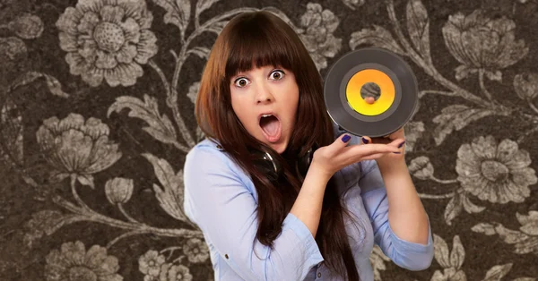 Shock Girl Showing Vinyl — Stock Photo, Image