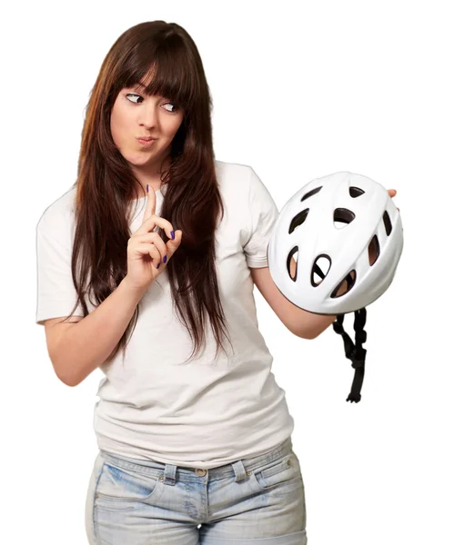 Retrato de una joven mujer sosteniendo un casco —  Fotos de Stock