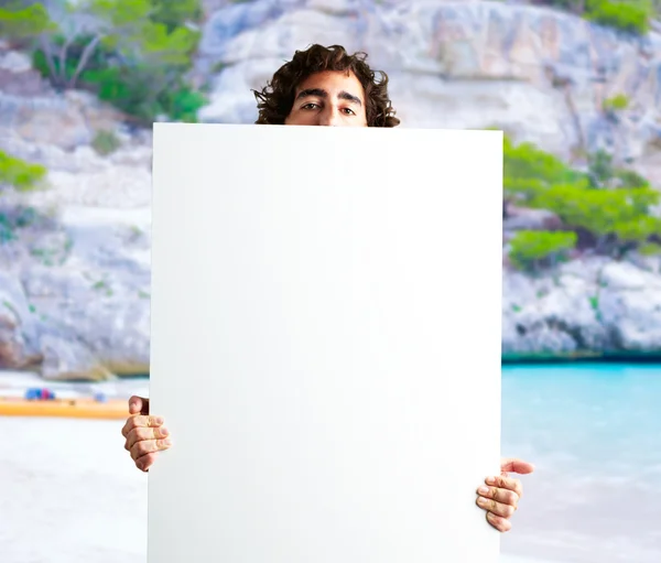 Portrait Of Man Holding a blank billboard — Stock Photo, Image