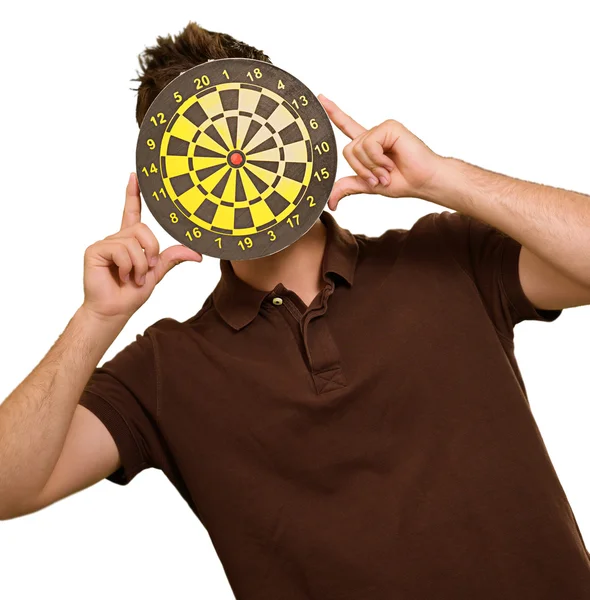 Retrato de um homem segurando Dartboard — Fotografia de Stock