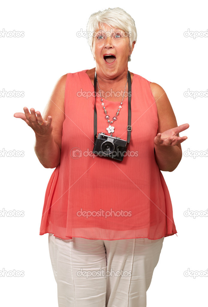 Senior Woman Wearing Camera Shrugging