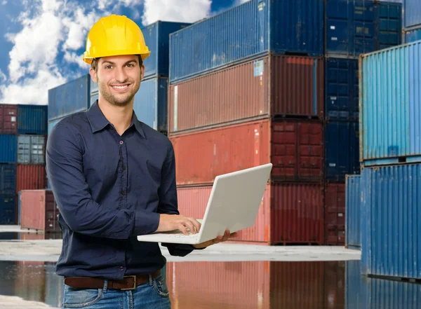 Happy Architect Holding Laptop — Stock Photo, Image