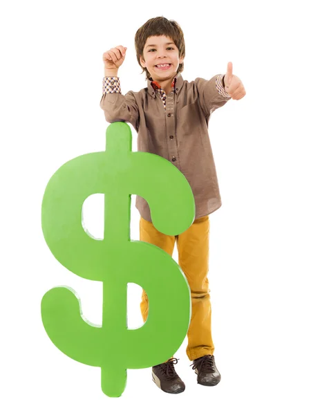 Мальчик с табличкой "Доллар" — стоковое фото