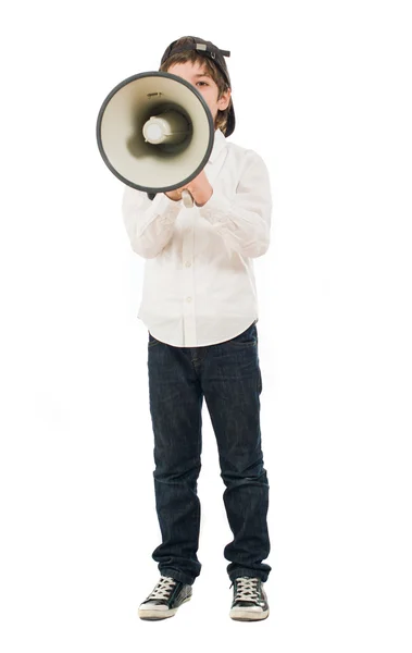 Porträt eines Jungen, der in Megafon schreit — Stockfoto