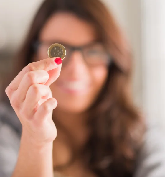 Happy Woman Holding Euro Coin — Stock Photo, Image