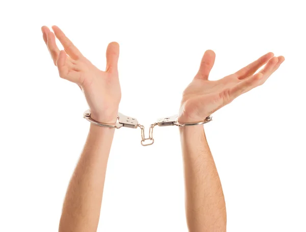 Close-up Hand Holding Handcuffs — Stock Photo, Image
