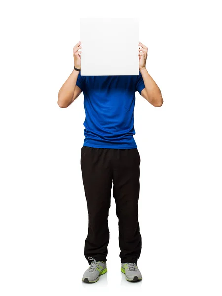Young Man Covering His Face With Blank Placard — Stock Photo, Image