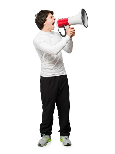 Jovem gritando através do megafone — Fotografia de Stock