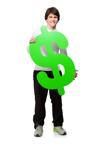 Mladý muž hospodářství znak dolaru — Stock fotografie