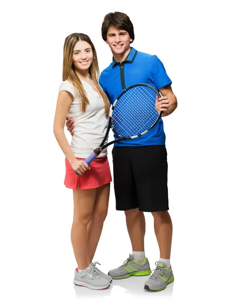 Casal jovem segurando raquete — Fotografia de Stock