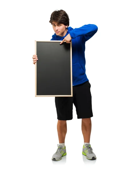 Giovane uomo Holding Black Board — Foto Stock