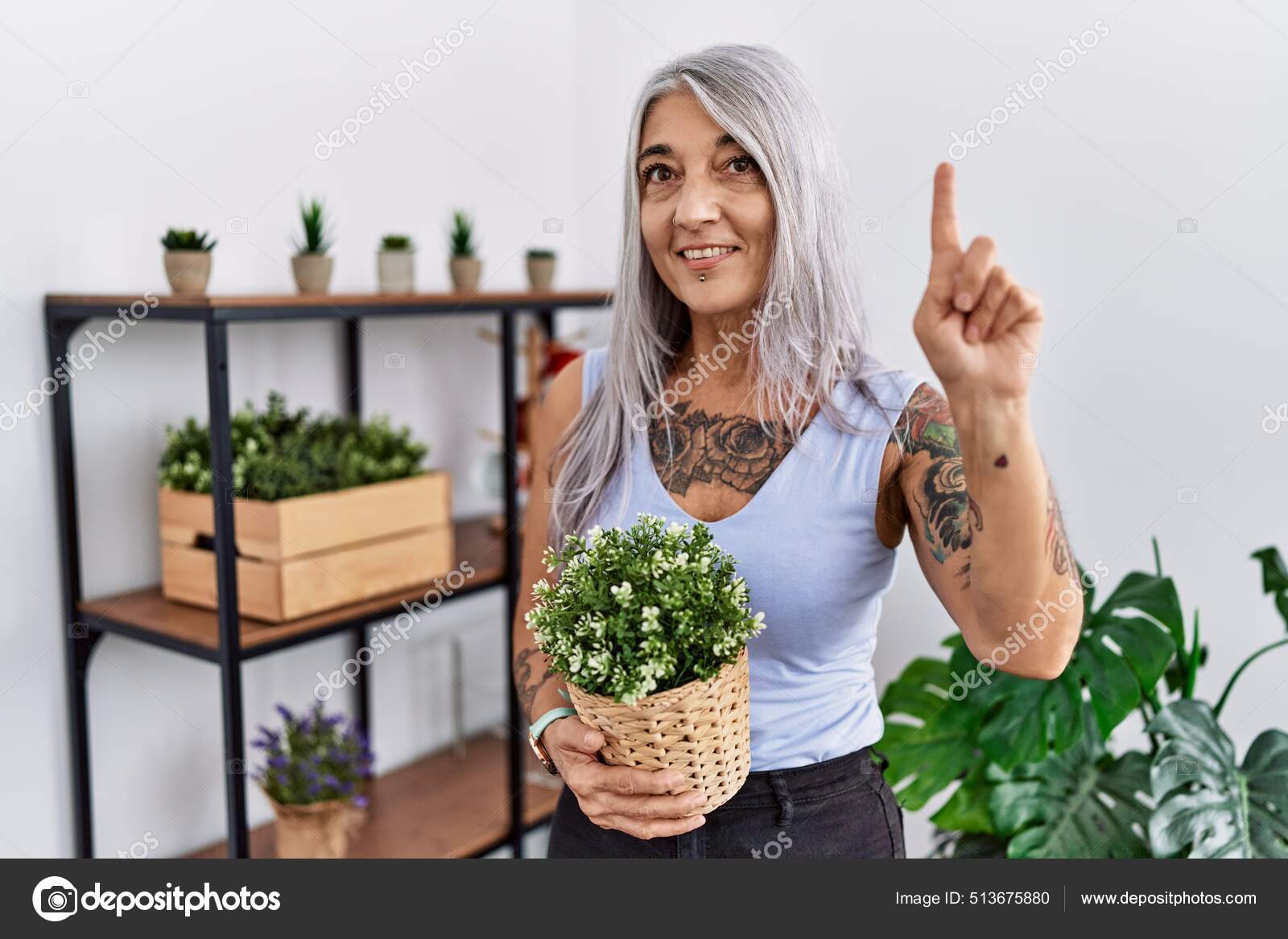 Middle Age Grey Haired Woman Holding Green Plant Pot Home Stock Photo by  ©Krakenimages.com 513675880