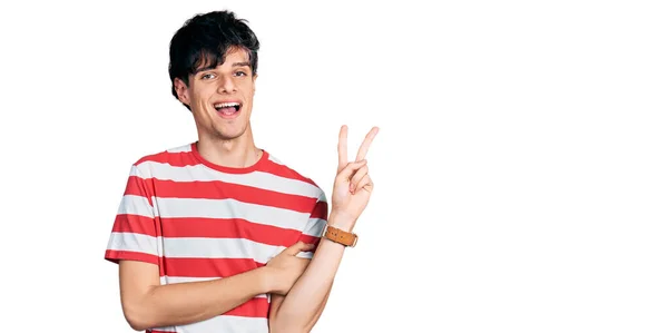 Handsome Hipster Young Man Wearing Casual Striped Shirt Smiling Happy — Stock Photo, Image