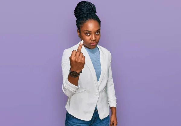 Young African American Woman Wearing Business Clothes Showing Middle Finger — Fotografia de Stock