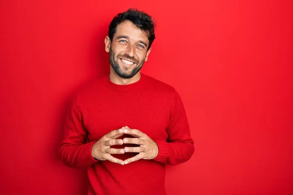 Handsome Man Beard Wearing Casual Red Sweater Hands Together Fingers — Stock Photo, Image