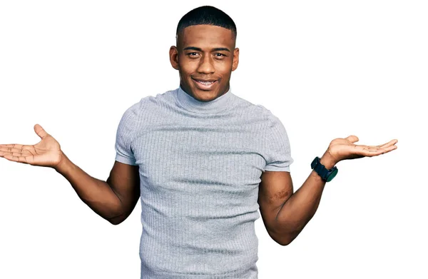 Young Black Man Wearing Casual Shirt Smiling Showing Both Hands — Stock Photo, Image