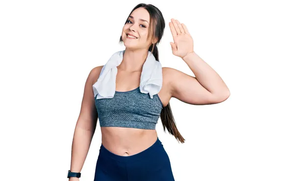 Young Hispanic Girl Wearing Sportswear Towel Waiving Saying Hello Happy — Stock Photo, Image