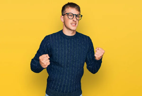 Young Blond Man Wearing Casual Clothes Glasses Excited Success Arms — Stock Photo, Image