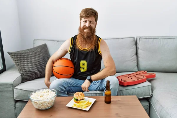 Caucasian Man Long Beard Holding Basketball Ball Cheering Game Winking — Stock Photo, Image