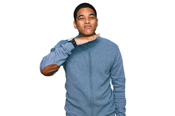 Young Handsome Hispanic Man Wearing Casual Sweatshirt Cutting Throat Hand — Stock Photo, Image