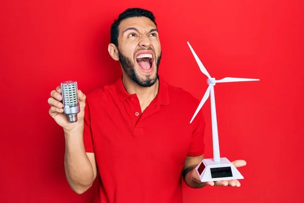 Hispanic Man Beard Holding Solar Windmill Renewable Electricity Led Bulb — Stock Photo, Image