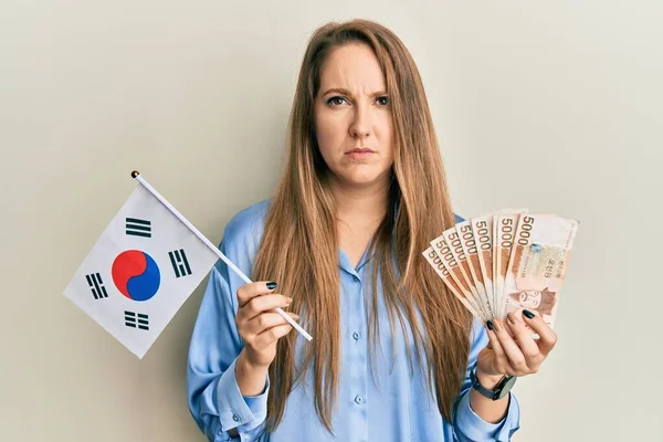 Jeune Femme Blonde Tenant Drapeau Corée Sud Gagné Des Billets — Photo
