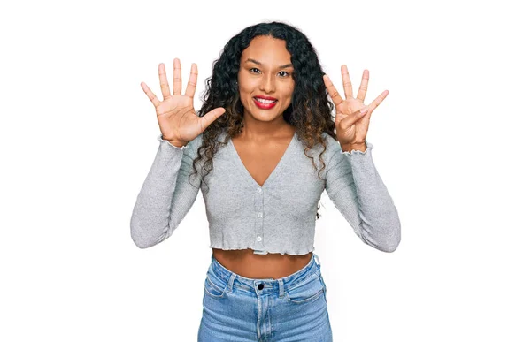 Young Hispanic Woman Curly Hair Wearing Casual Clothes Showing Pointing — Stock Photo, Image