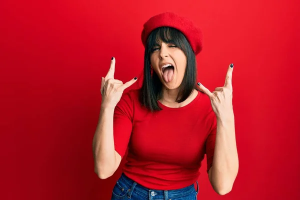 Young Hispanic Woman Wearing French Look Beret Shouting Crazy Expression — Stock Photo, Image