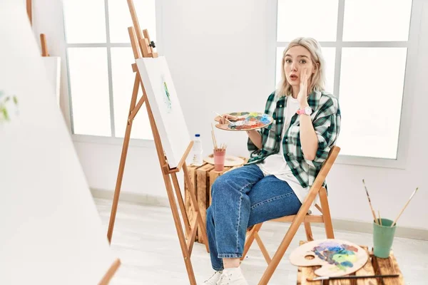 Young Artist Woman Painting Canvas Art Studio Hand Mouth Telling — Stock Photo, Image