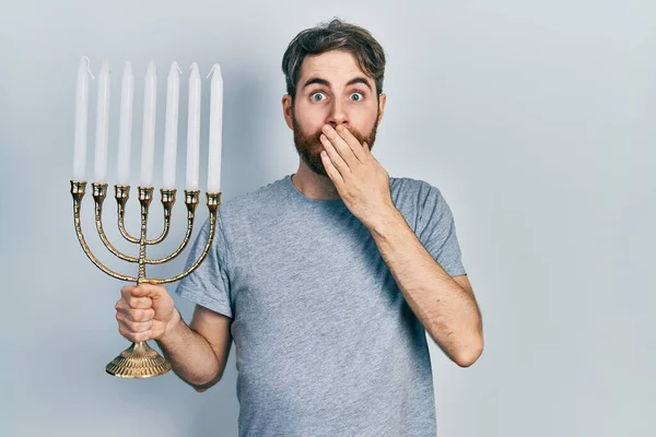 Caucasian Man Beard Holding Menorah Hanukkah Jewish Candle Covering Mouth — Stock Photo, Image