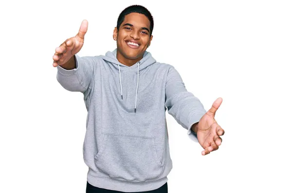 Young Handsome Hispanic Man Wearing Casual Sweatshirt Looking Camera Smiling — Stock Photo, Image