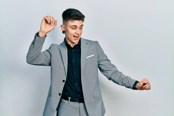 Young Caucasian Boy Ears Dilation Wearing Business Jacket Dancing Happy — Stock Photo, Image