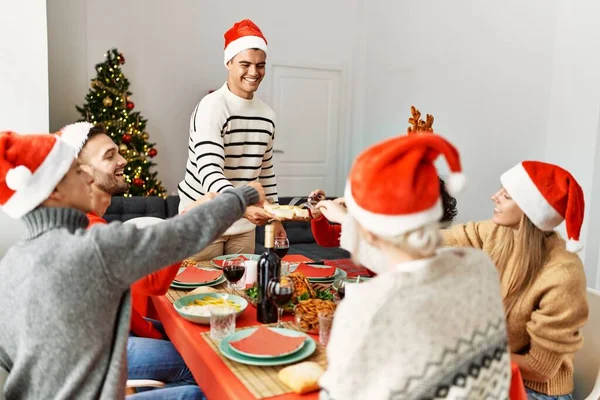 Group Young People Smiling Happy Having Christmas Dinner Home — Stock Photo, Image
