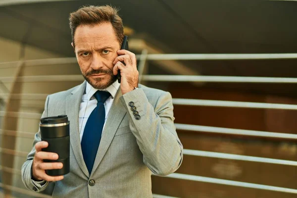 Middle Age Businessman Talking Smartphone Drinking Coffee City — Stock Photo, Image