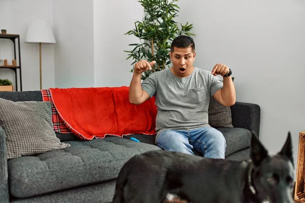 年轻的拉丁男子和狗坐在家里的沙发上 手指垂下 展示广告 惊讶的脸和张开的嘴 — 图库照片