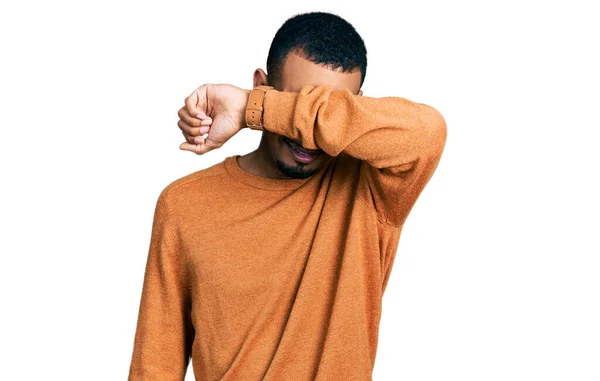 Young African American Man Wearing Casual Clothes Covering Eyes Arm — Stock Photo, Image