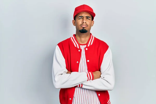 Junger Afrikanisch Amerikanischer Mann Baseball Uniform Skeptisch Und Nervös Ablehnender — Stockfoto