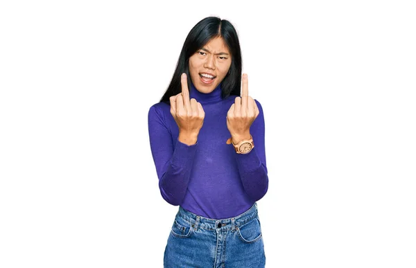 Beautiful Young Asian Woman Wearing Casual Clothes Showing Middle Finger — Fotografia de Stock