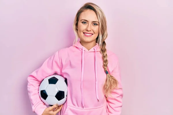 Beautiful Young Blonde Woman Holding Soccer Ball Looking Positive Happy — Stock Photo, Image